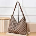 Brown underarm bag with geometric triangle pattern and decorative metal chain detail - Khaki Plaid