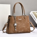 Classic dark brown women's handbag with vintage texture and elegant floral pendant - Dark Khaki