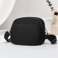 Black casual nylon crossbody bag featuring three layered zippers and adjustable strap - Plain Surface Style with Gunmetal Hardware / Black