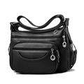 Grande borsa a tracolla in pelle PU nera con più cerniere e ampia tracolla da donna - Nero