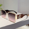 Detail of gold metal square frame sunglasses with purple gradient lenses and logo - Gold Frame Gray Pink Lens