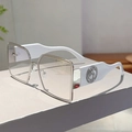 Detail of square metal frames with silver finish and white temples featuring 'S' logo - Silver Frame Gradient Silver Lens