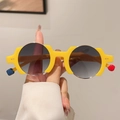 Fashionable thick yellow round frame sunglasses with unique colorful sphere temple accents - Gold Yellow Frame Gradient Gray Lens