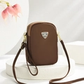 Deep brown nylon mini crossbody phone bag with three gold zipper layers and brand plate - Brown