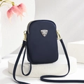 Navy blue crossbody phone bag in textured fabric with triangular metal logo plate - Blue