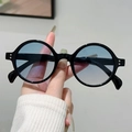 Retro round frame sunglasses with black glossy finish and gradient blue lenses - Black Frame Gradient Blue Lens