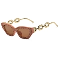Occhiali da sole cat-eye rosa con strass e stanghette a catena dorata in vista laterale - Montatura Rosa con Diamanti Lente Tè
