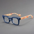 Retro square anti-blue light glasses with navy blue frame and orange marbled temples - Navy Blue Frame Tortoiseshell Legs
