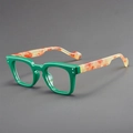 Retro square green frame glasses with contrasting orange temples and vintage rivets - Green Frame Transparent Lens Tortoiseshell Legs