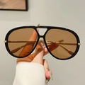 Occhiali da sole aviator neri con lenti color cuoio e stanghette in metallo dorato - Montatura Nera Lenti Tè