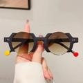 Retro round sunglasses with black wood grain frame and colorful spherical temple tips - Gold Black Frame Gradient Tea Lens