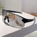 Detail of black sports sunglasses with silver mirrored lens on a minimalist white block - Black Frame Silver Mirror
