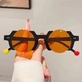 Retro black round sunglasses with orange lenses and colorful contrasting temple tips - Gold Black Frame Gradient Orange Lens