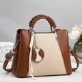 Crossbody bag in brown leather and beige fabric with woven handles and baseball charm - Khaki/Earth Yellow