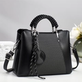 Women's black leather and grey fabric crossbody tote bag with V-stitch details - Black