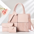 Pink 3-piece tote bag set with color-blocking patchwork design and metallic hardware - Pink