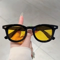 Retro black round frame sunglasses with translucent yellow lenses and silver rivet detail - Black Frame Yellow Lens