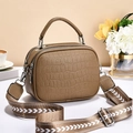 Brown crocodile embossed tote bag with a wide patterned shoulder strap for women - Khaki