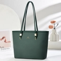 Dark green large capacity leather tote bag with woven texture and gold hardware details - Green