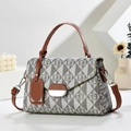 Minimalist square crossbody bag in grey-white pattern with brown leather trim and metal lock - Grey Double E Pattern