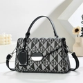 Detail of geometric pattern on women's flap bag with silver clasp and black handle - Black Double E Pattern