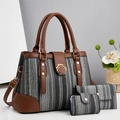 3-piece striped knit handbag set with brown leather trim and gold hardware - Black