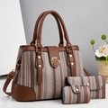 Brown 3-piece bag set with woven texture tote, matching envelope clutch and card holder - Brown
