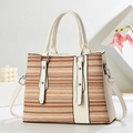 Borsa tote in paglia intrecciata arcobaleno con finiture in PU bianco per donna - Intreccio a Strisce Con Bianco Sporco (Bianco Sporco 2)
