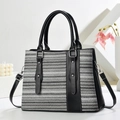 Rainbow woven tote bag with black leather handles and high capacity shoulder design - Fine Black Grey White Weave (Black 2)