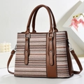 Detail of bohemian rainbow woven tote with brown leather trim and zigzag texture - Vintage Zigzag With Coffee (Coffee 2)