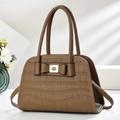 Brown crocodile texture handbag with bow and silver buckle for women office commute - Brown