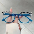 Cat eye glasses in cow print and translucent blue contrast, stylish large frame design - Leopard Splicing Blue