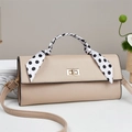 Beige lychee leather handbag with golden twist lock and polka dot silk scarf handle - Khaki