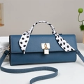 Blue lychee grain leather crossbody bag with gold lock and polka dot scarf detail - Blue