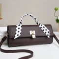 Dark brown lychee pattern leather handbag with gold buckle and polka dot silk handle - Coffee