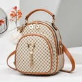 Mochila beige a cuadros para mujer con ribete de cuero marrón y hebilla de orejas de gato - Beige Amarillo