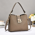 Détail du sac à main brun avec texture tissée, boucle dorée en B et bandoulière fine - Khaki Foncé