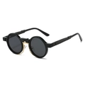 Detail of retro round steampunk sunglasses with black frames and gold metal bridge accents - Black Gold Frame Black Grey Lens