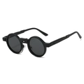Retro steampunk round frame sunglasses in matte black finish, 45-degree angle product view - Black Frame Black Grey Lens