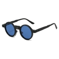 Detail view of round steampunk sunglasses with thick black frames and dark blue lenses - Black Frame Deep Blue Lens