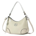 Chic cream woven crossbody bag with round metal logo and tennis racket charm - Grey-Beige