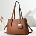 Dark brown crocodile embossed tote bag with slim shoulder straps and silver lock charm - Khaki/Earth Yellow