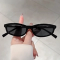 Retro oval black frame sunglasses with dark grey lenses held by hand for style - Black Frame Grey Lens