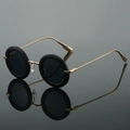 Vintage round black matte sunglasses with gold metal temples and dark lenses - Black Frame Grey Lens