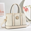 Borsa tote beige minimalista con trama marmorea, logo dorato e tracolla regolabile - Bianco Sporco