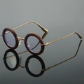 Vintage small round sunglasses with wood grain frame and golden metal temples - Khaki Stripe Frame Transparent Lens