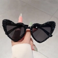 Occhiali da sole neri a forma di cuore con strass brillanti per le feste - Montatura Nera Lente Grigia Strass Neri