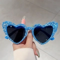 Occhiali da sole a cuore azzurro con strass luccicanti per moda da festa e party - Montatura Blu Lente Grigia Strass Blu Argento