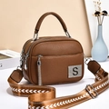 Brown textured leather crossbody bag with wide shoulder strap and dual zipper closure - Khaki/Earth Yellow