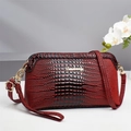 Retro dark red crocodile texture crossbody bag with gold hardware for women - Red
